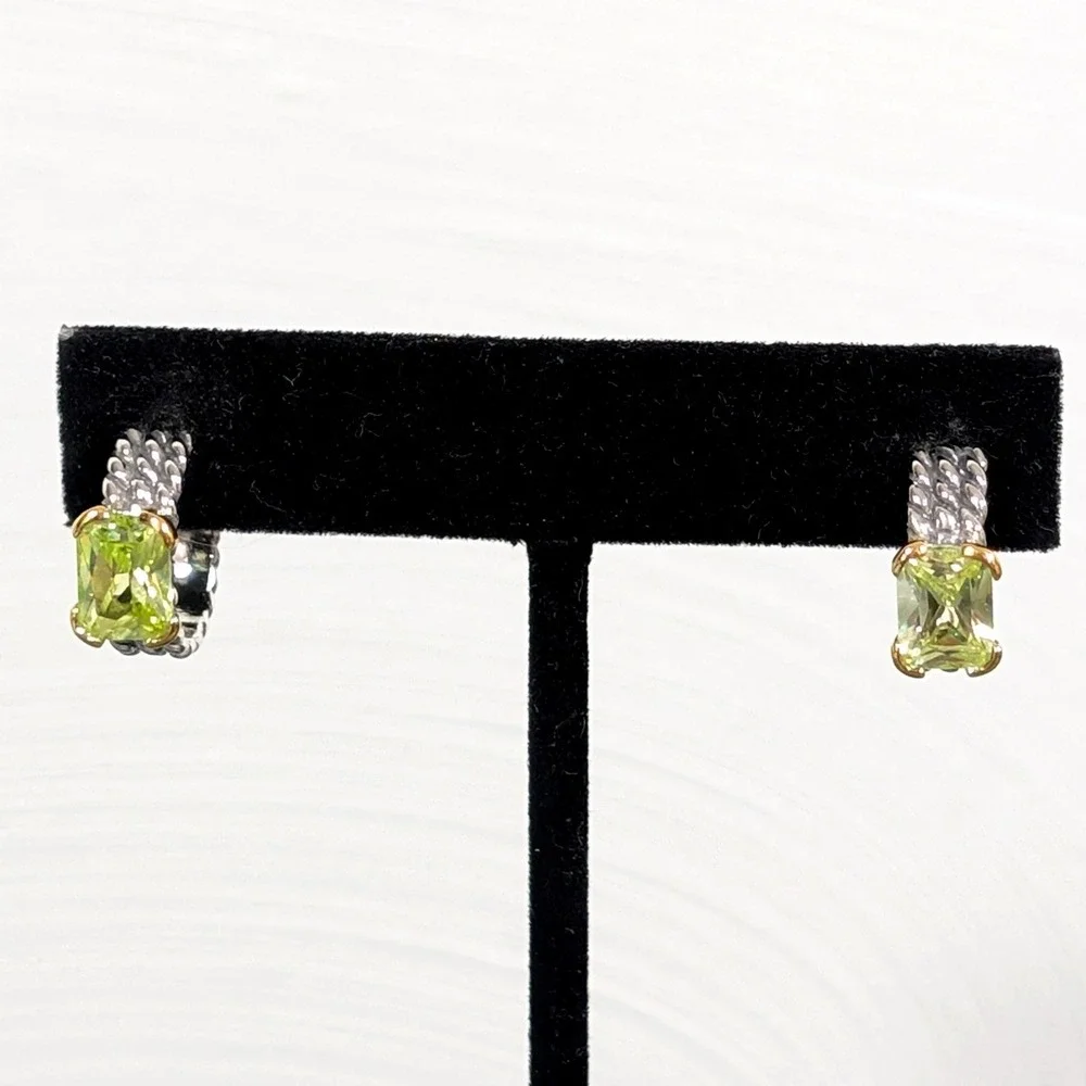 Silver‎ Tone Cable Huggie Hoop Earrings Green CZ Accent Pierced Designer Style